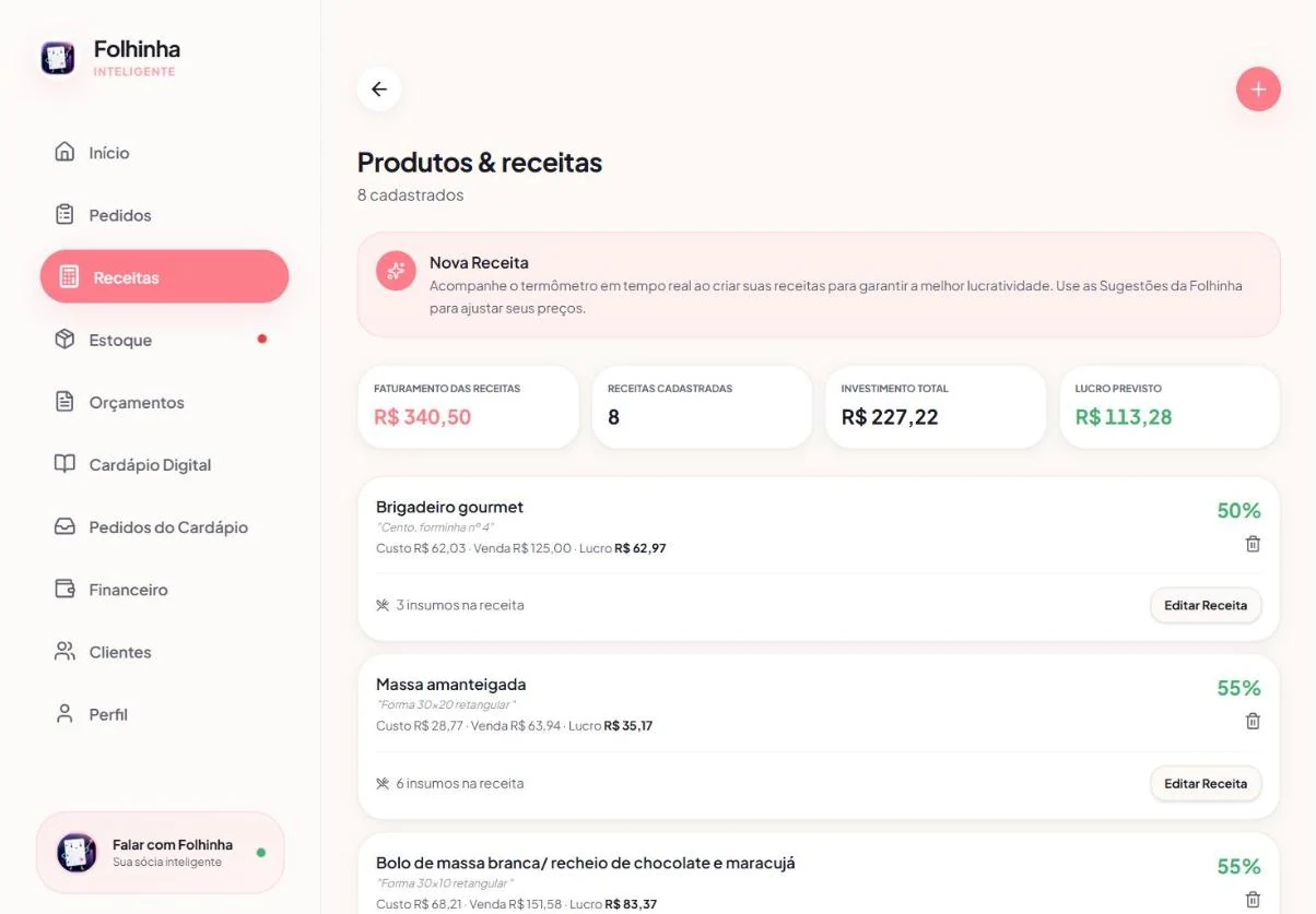 Lista de receitas com custo, venda, lucro e margem de cada uma